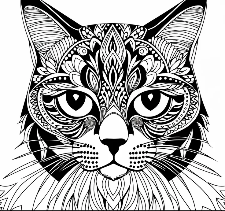 black and white drawing of a cat with a pattern on its face, detailed cat, detailed rendering in 4k, design to gato, very detail...