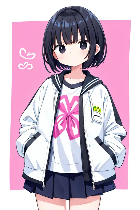 Black hair, short cut, kind face, modest personality, round head, sagging eyes, droopy eyes, girl, elementary school student, a little thin, jacket too big, white jacket, white T-shirt, pink miniskirt, black hair, bangs A little short, black eyes,