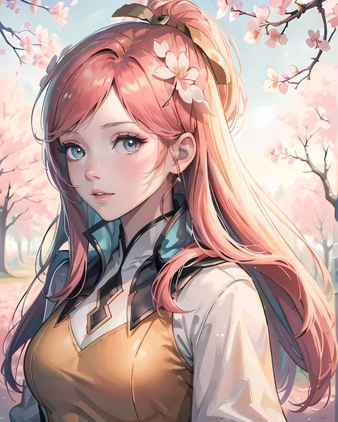 lux from leagueoflegends,Beautiful girl, cherry blossom tree in background, detailed background, (best quality,4k,8k,highres,masterpiece:1.2),ultra-detailed,realistic,1girl,beautiful detailed eyes, upper body shot,