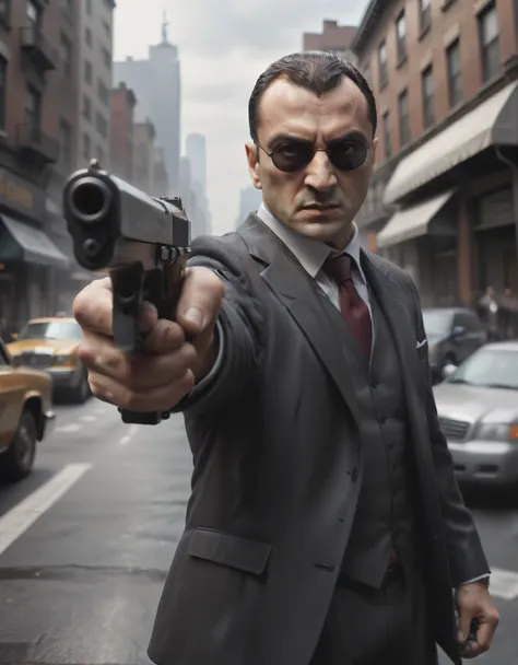 Action shot of A mafia hitman pointing pistol at the viewer, new york street in background, HD, masterpiece, best quality, hyper detailed, ultra detailed,