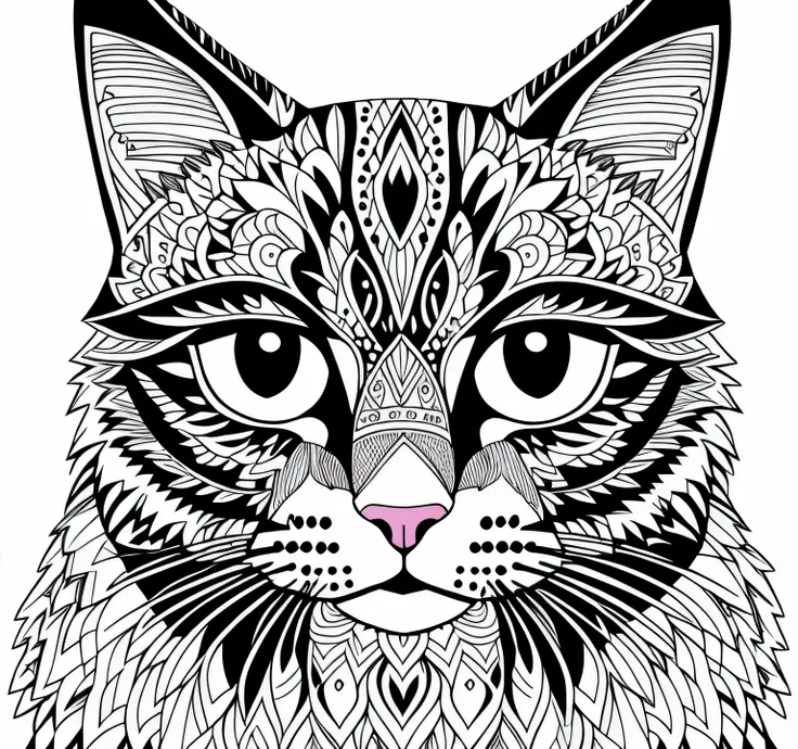 black and white drawing of a cat with a pattern on its face, detailed cat, detailed rendering in 4k, design to gato, very detail...