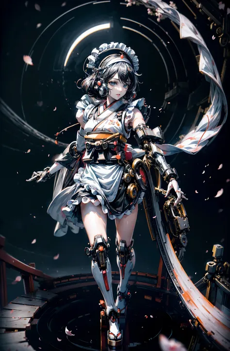 hyper quality、8K quality、High resolution、Image quality taken with a single-lens reflex camera、(SFW)、perfect anatomy、(桜🌸がテーマ）mecha girl、black hair、20 year old beautiful girl.orange eyes、Three-dimensional and realistic black mechanical parts、BREAK(Mechanical...