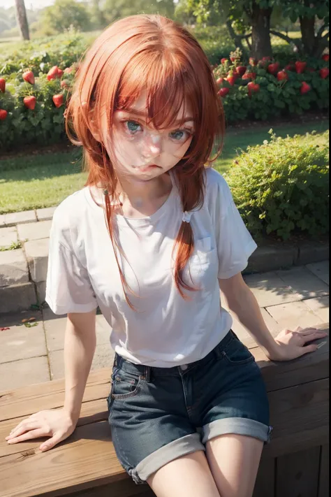 Best quality, ultra high resolution, 1 boy, Red hair, Green eyes, short and thin body, wearing a white shirt and shorts, ((shyexpression)), strawberry field