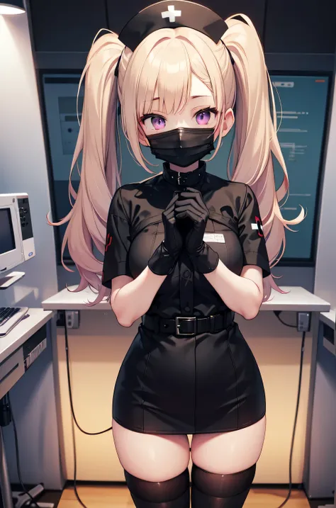 black nurse, 1girl, solo, black nurse cap, black nurse uniform, ((black legwear, zettai ryouiki)), black elbow gloves, twintails...