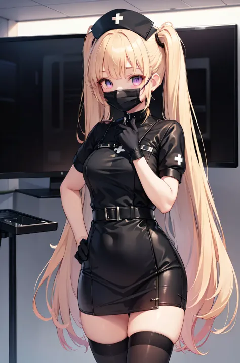 black nurse, 1girl, solo, black nurse cap, black nurse uniform, ((black legwear, zettai ryouiki)), black elbow gloves, twintails...