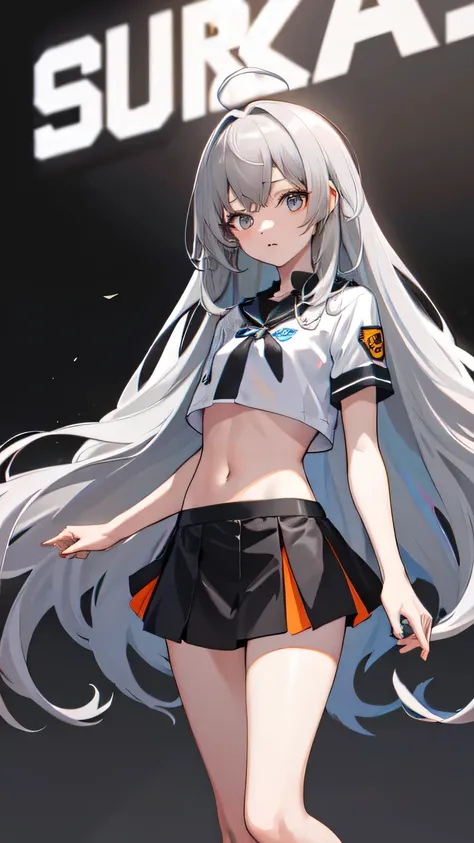 (absurd, hi-res, ultra-detailed), 1 girl, solo, (very long hair, gray hair), colorful, best detailed, crouch, 16 years old, small, very short skirt, crop top uniform, short sleeves, dark background