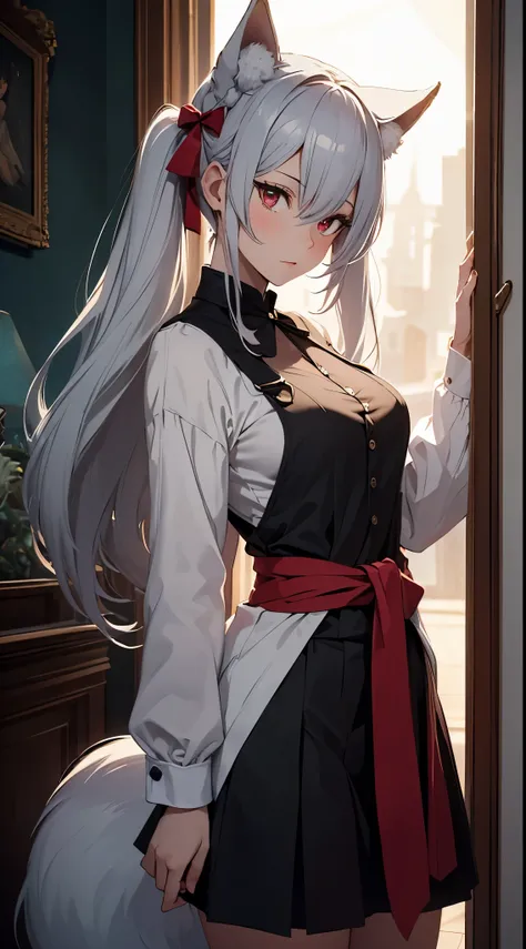 A neko woman with grey hair in a virtual YouTuber style, featuring long hair with twintails and bangs, is the centerpiece of this artwork. A section of hair falls between her eyes, creating a playful and alluring look. Adorning her head are cute and fluffy...