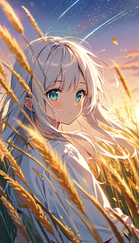 1girl、young girl、white hair、long hair、bangs、bright aqua eyes、floating white T shirt oversized、bust-up、depth of field、wheat field、sunset、starry sky、shooting star、wind