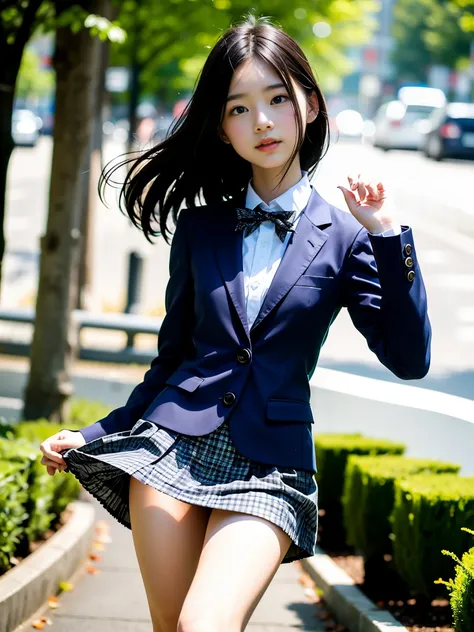 (masterpiece, highest quality:1.4), award-winning portraits, 8K, 85mm, alone, beautiful face, delicate girl, , (dark navy blazer jacket), dark navy skirt, long sleeve, violaces, gardenia, grace, Sophisticated, cute, teen, looking at the viewer, 15 years o...