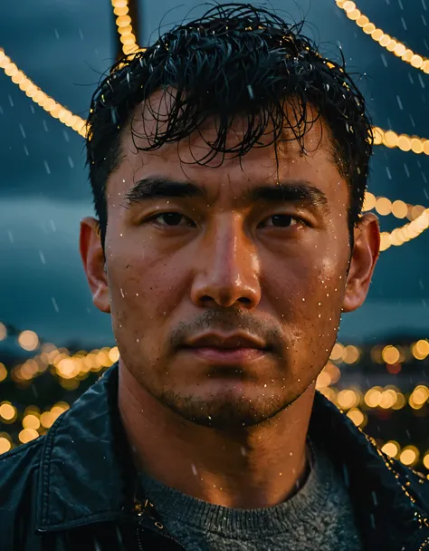 fairy lights, close-up portrait of a man on his 35, corean, tense expression, stormy weather backdrop, dramatic lighting, remini...