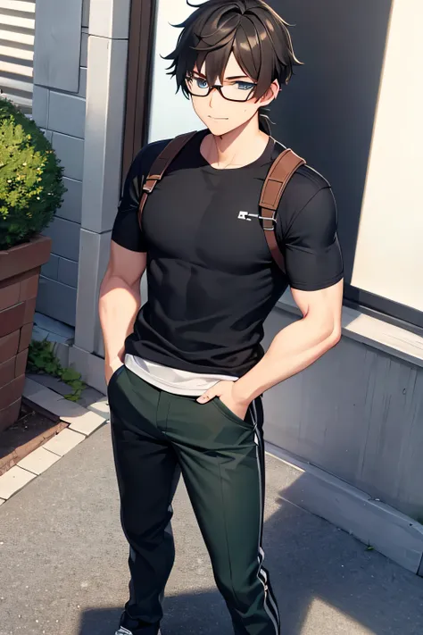 1 man, full body, teenage body, light skin, a little muscular, light blue eyes, black glasses, short brown hair, ponytail, black backpack on the back, black shirt, dark green pants, black sneakers, smiling expression, pose crossed arms,