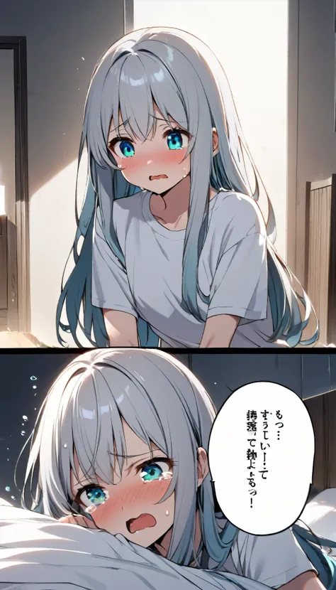 1girl、silver hair、long hair、bright  Aqua eyes、white T - shirt oversized、bust-up、tears. bedroom 