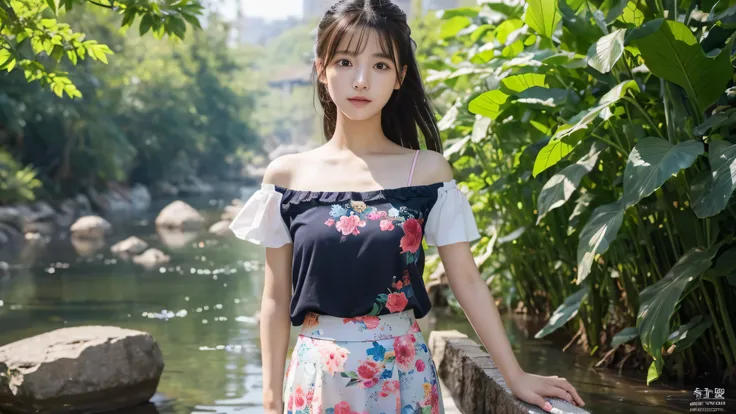 asian girl，16 years old，Winter of sunshine，stand up，Delicate and beautiful face，big eyes，Glowing skin，The back of the hair is braided into a beautiful braid，Off the shoulders，Girls colorful short sleeve floral skirt，Standing close-up photo，rot，powder，of，Bl...