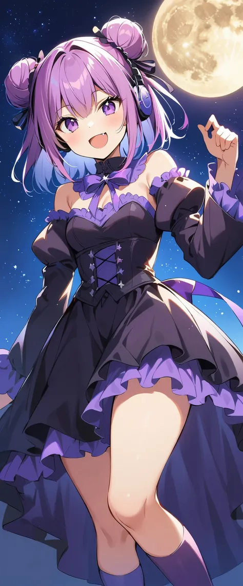 (((8K))), (((hight quality))), (((high-level image quality))), (((smile))), (((purple gothic lolita))), (((full moon))),  (((hight quality starry sky background))), (((purple hair))), (((double bun_head))), (((purple eyes))), (((16 years old))), (((purple ...