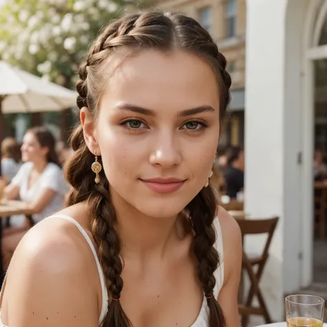 RAW, analog, Nikon Z 85mm, award winning glamour photograph,((best quality)), ((masterpiece)), ((realistic)), 18th century, KarolinaDemy:0.9 piercing eyes, looking straight, very happy, brown hair, quad braids, in a outdoor cafe, afternoon light,