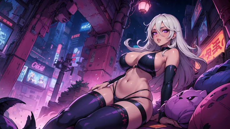 absurdres, [perfect shadows and lighting], detailed background, incredible high-key lighting, masterpiece, high quality, detailed, extremely detailed, ambient soft lighting, 4K, 1girl, white hair, glowing, glowing eyes, hair between eyes, huge breasts, lip...