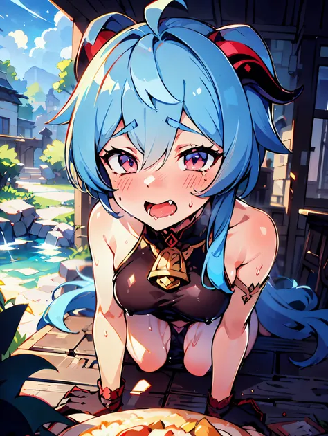 pieces fly, highest quality, anime images, anime style etc.., hired (genshin impact), sitting at the table, view from above, cheeks are bright red,超embarrassing, Watery eye,dislike,The face of patience,1 girl, twin horn, ticker,fit figure, I can see the pu...