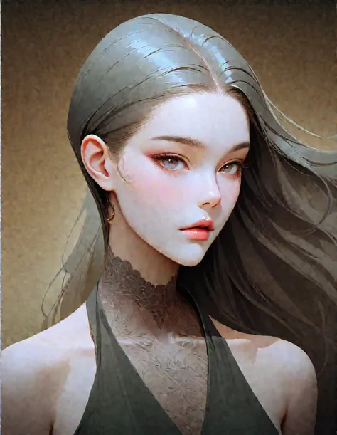 Close up of woman with tattoo on neck, long black hair，Black minimalist clothing，flowing hair，fair face，White and smooth skin，Foxy, slender, beautiful eyes，by Mei Qing, elegant digital art, A beautiful artistic illustration, author：Yang Jie, Beautiful digi...