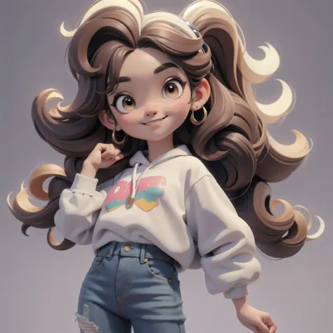 Best quality work of art detailed face Detailed eyes Sharp focus, full 3D rendering, cute chibi girl, cute smile ((white skin tone)), short brown hair, wavy hair, tomboy, slim figure, black outfit, black shirt, long sleeve shirt, one characters only , whit...