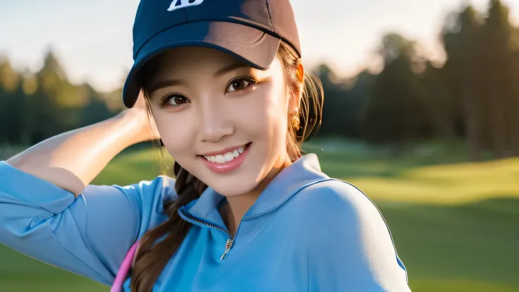 Female golfer, cute, beautiful eyes, beautiful lips, thick eyelashes, full body figure, miniskirt, plump, clear sky, Asian, tight clothes, smile, (best quality, 4K, high resolution, super detailed), ( Realistic wrinkles, photorealistic: 1.37), HDR, profess...