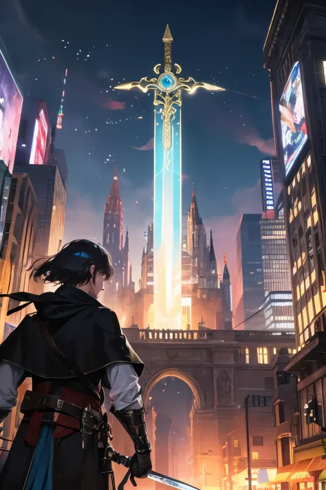 In the heart of a bustling city, a sword with an ominous aura is embedded in a stone. The ancient blade, exuding an air of mystery, emanates black rays that seem to pulsate with an ethereal energy. The place where the sword is embedded is encircled by an a...