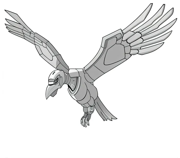 drawing of a bird flying with a big beak, robot bird, Crow wearing cyber armor, Mecha wing, Mechanical Bird, wingspan style, had big wings, simple line drawing, beautiful line drawing, Omegamon concept art, bold line drawing, Black Aarako Craigur Warlord, ...