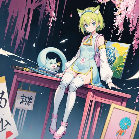 Deltamon,(girl sitting),Light green short bob hair、Light green cat ears headband、Exposing shoulder skin、(Mechanical legs)、light blue tail、pink school bag、light blue dress、White armsleeves、light blue high socks、pink shoes、Triangular metal emblem on chest、La...