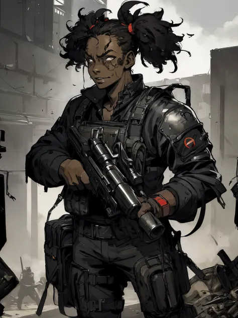 portrait of 1 black small , trigger happy, afro pig tails,   full apocalyptic gear, intense action background, rocket launcher, happy expression, 
futuristic,  detailed,  (  methurlant)
dark, dim light, gritty, comic, y2k animation, hq, intricate detail, h...