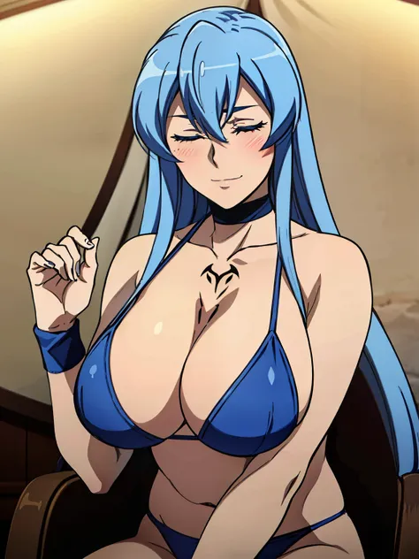 sitting at camp chair, choker, blue bikini, chest tattoo, inside the tent, inside luxury tent background, esdeath, anime cels style, best quality, high resolution, 1girl, (huge breasts:1.2), mature women, blue hair, long hair, (eye closed), blue eyebrow, b...