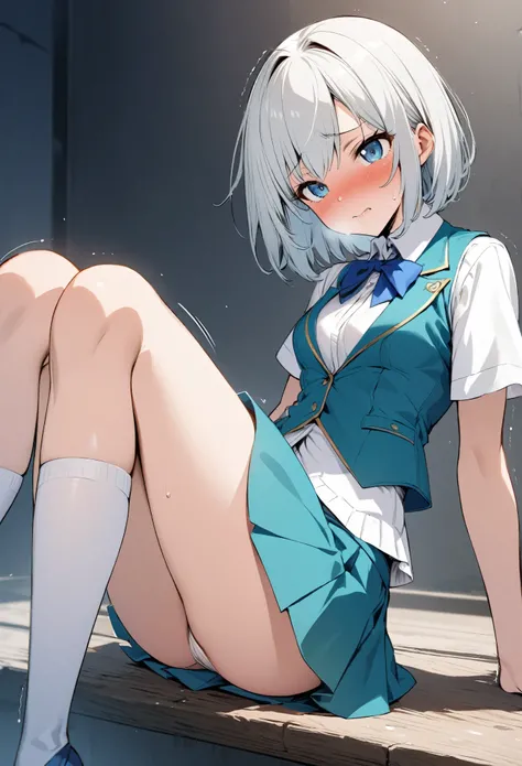 An illustration　girl　18-year-old　short bob　super mini skirt　blue eyes　vest bust　Too exposed　Looks embarrassed　Racy line　constriction　sitting　white hair