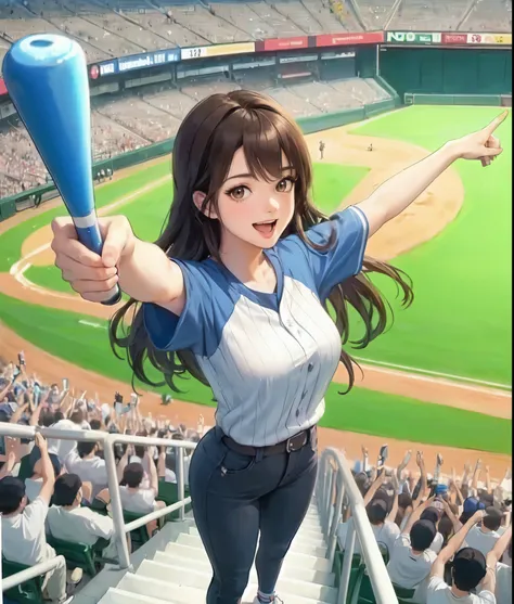 1lady solo, from above, standing on stairs, leading crowd in cheers, (baseball uniform shirt), jeggings, mature female, /(dark brown hair/) bangs, (happy smile:0.8), (open mouth), (masterpiece best quality:1.2) delicate illustration ultra-detailed, large b...