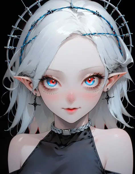 Hermosa joven de pelo blanco con penetrantes ojos rojo y azul, media sonrisa con labios carnosos, black nails, barbed wires everywhere(coiled black barbed wires),read eyes,blue eyes, (ojos diferentes), (heterochromia)