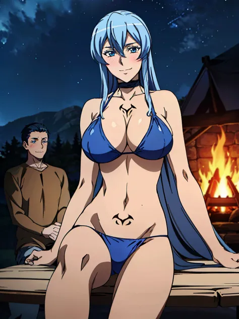 sitting on the pile of wood, spread her legs, showing her armpits, choker, blue bikini, chest tattoo, infront of the tent, beside camp fire, night forest background, esdeath, anime cels style, best quality, high resolution, 1girl, (huge breasts:1.2), matur...