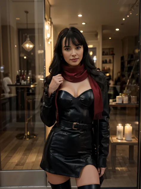 solo lovely smiling Bettie Page,, in front of boutique, (highest quality texture), boutique store front, display windows full of interesting items, film quality,  woman dressed in high style fashion, she wears very long black leather used coat and a red ve...