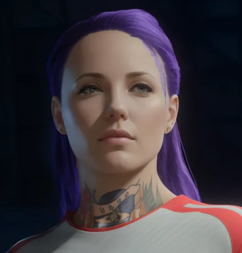 There is a woman with purple hair and a tattoo on her neck, Character up close, 8k portrait rendering, weiblicher Charakter, skin spreading beneath the surface, Charakter-Nahaufnahme, Nahaufnahme Charakter, unwirklicher Motor : : Rave-Make-up, hyper-realis...