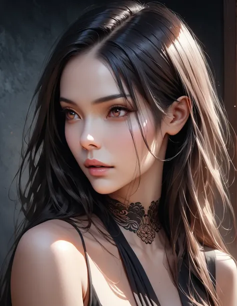 (best quality,4k,8k,highres,masterpiece:1.2),ultra-detailed,(realistic,photorealistic,photo-realistic:1.37),simple modern art,close-up of a woman with lotus tattoo on her neck, flowing black long hair, black minimalist clothing, pure and smooth skin, slend...