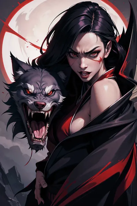 oriental vampire, japanese costumes, sensual, fierce face, vampire teeth, blood coming out of the mouth, big vampire teeth, wolf, ultra detailed, HD, ultra quality, high quality