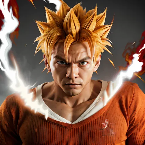 Goku transforming into super sayayin 1 with a red sweater with white and his mark be LP