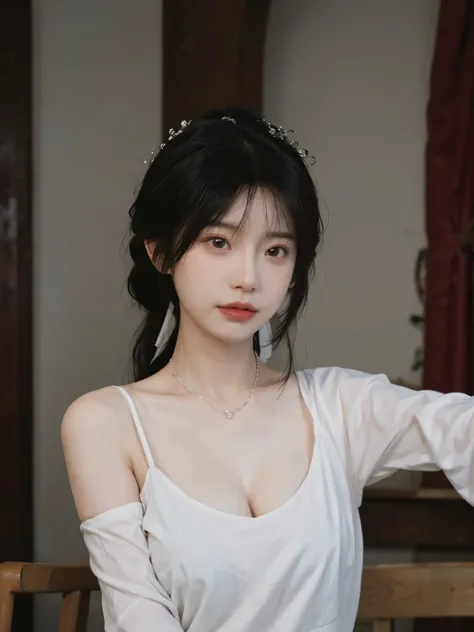 best quality， ultra high resolution， （realistically：1.4），cute hairpin，Baoyu Girl，Standing in the wedding hall，（flat chest：1.2） ，A pair of clear and charming peach blossom eyes,Royal sister，The sun shines on the face，Big wavy hairstyle，（necklace：1.2），（White...