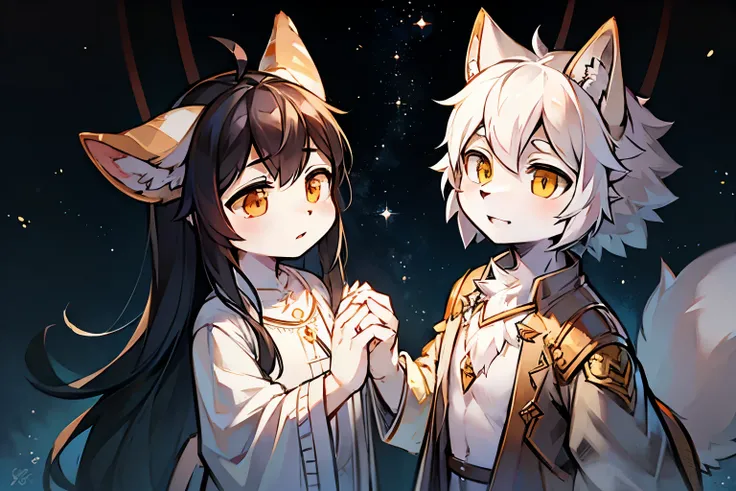 A white deer with green eyes and white hair，A wolf with black hair and orange eyes，white robe，Imaginative picture，Flying in space，Brilliant Milky Way，Star，flowing robe，Fluttering robes，holding a hand，Lovely shota，hangs in the air，Double