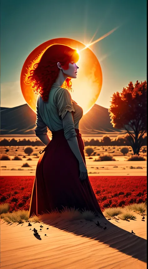 Full solar eclipsed sun, and redheaded woman on land, looking at the eclipse.