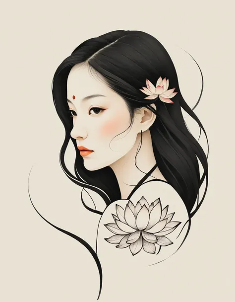 in style of alessandro gottardo, character, ink art, side view --ar 2:3，modern minimalist art，（close-up of a woman with lotus ta...