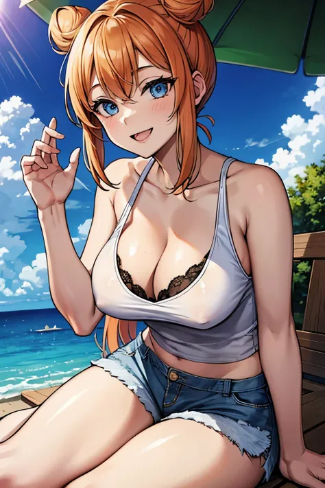 (masterpiece), best quality, expressive eyes, perfect face, 1girl, solo, tomboy, mature female, large breasts, Cleavage, orange hair BREAK hair buns, white tank top BREAK shorts smile, standing, blue eyes BREAK flower garden, blue sky BREAK green hills BRE...