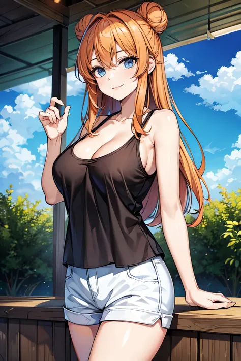 (masterpiece), best quality, expressive eyes, perfect face, 1girl, solo, tomboy, mature female, large breasts, Cleavage, orange hair BREAK hair buns, white tank top BREAK shorts smile, standing, blue eyes BREAK flower garden, blue sky BREAK green hills BRE...