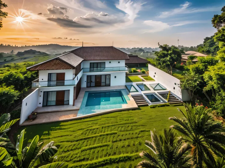 a modern house countryside Vietnamese with white siding and large windows, vietnamese style, exterior architecture, modern villa with concre material, sunlight, beautiful landscape, garden space rock around house, villa on the hill,  beautiful sky, best qu...