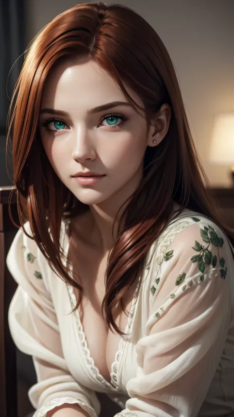 Extra Close-up to the face,a beautiful red hair woman, solo, beautiful face, high detailed realistic eyes, ((green eyes)), double eyelids, high detailed realistic pupils,sitting alone on a long chair,best quality, masterpiece, high resolution, Beautiful fa...