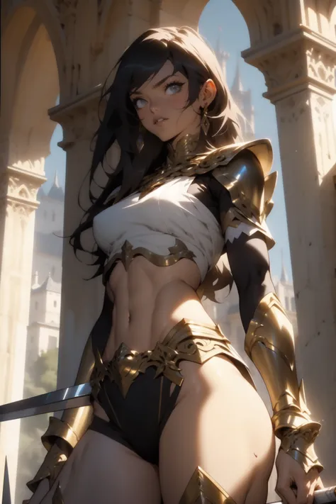 A gorgeous woman, clad in a skimpy warrior outfit, stands proudly before an ancient castle, her toned abs and defined muscles evident under the highly detailed armor. Her navel, the only unfettered part of her body, gleams with a subtle sheen under the dyn...