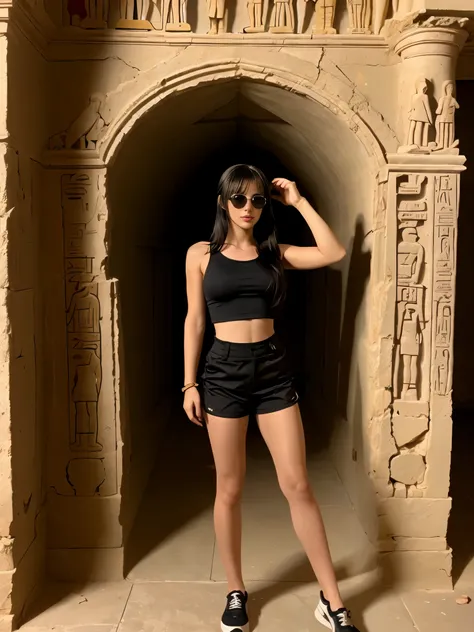 full body Wide shot, beautiful young explorer, long black hair in a ponytail, bangs, wearing sunglasses, wearing a Tomb Raider outfit, in an ancient Egyptian tomb.