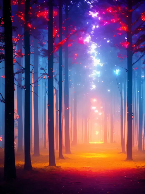 a forest filled with lots of trees and lights, magic fairy forest, magical forest in the background, magical forest, magical colours and atmosphere, very magical and dreamy, enchanted and magic forest, magical colors and atmosphere, enchanted magical fanta...