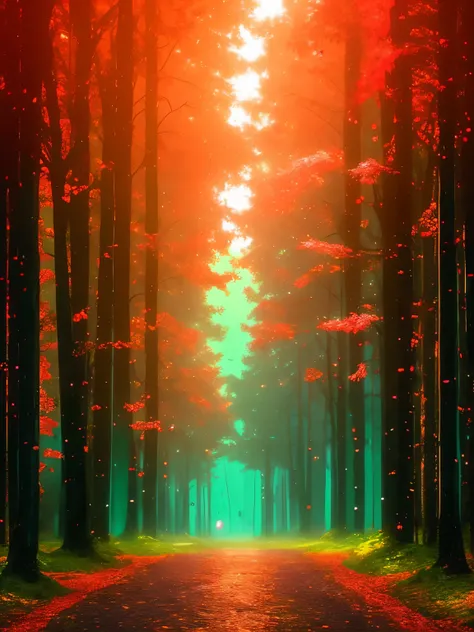 a forest filled with lots of trees and lights, magic fairy forest, magical forest in the background, magical forest, magical colours and atmosphere, very magical and dreamy, enchanted and magic forest, magical colors and atmosphere, enchanted magical fanta...